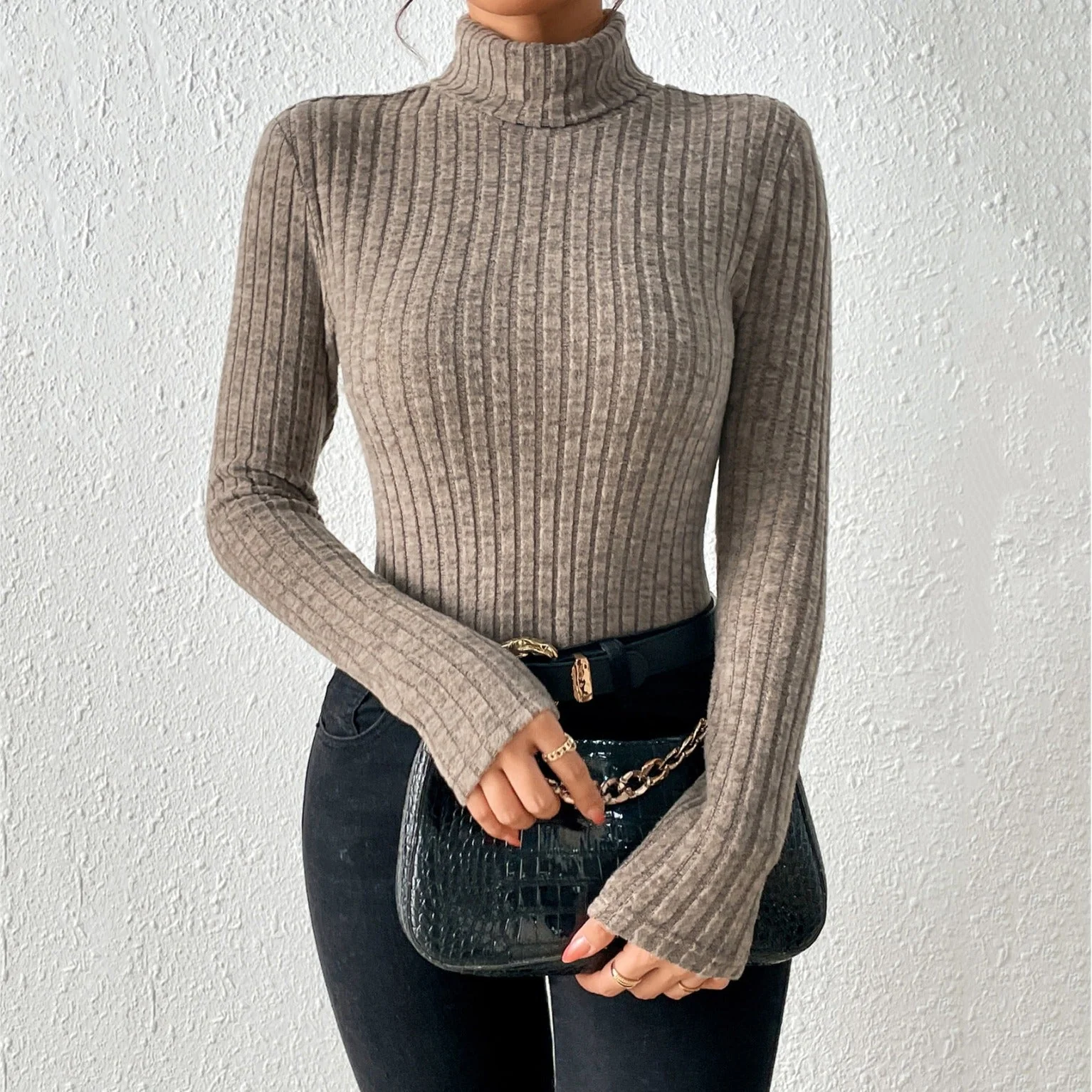 Fitted Women Turtleneck Sweater - Ribbed Knit, For Layering