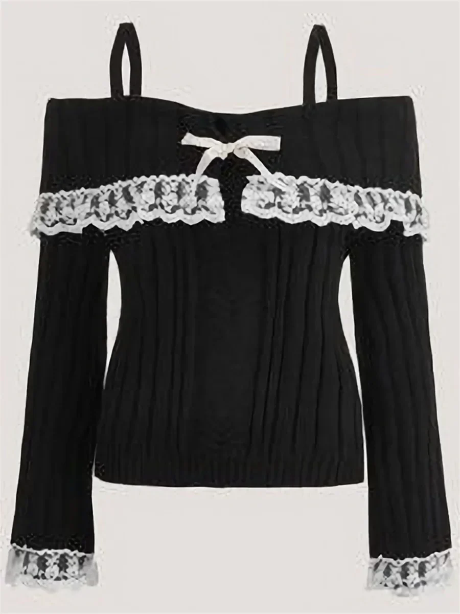 Fitted Womens Off Shoulder Sweater - Ribbed Lace Trim