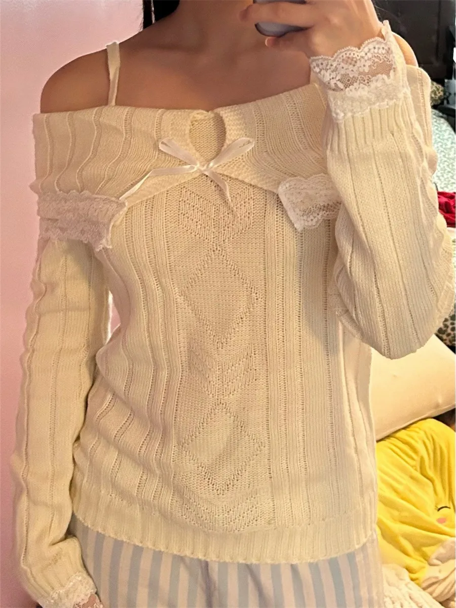 Fitted Womens Off Shoulder Sweater - Ribbed Lace Trim - Image 2