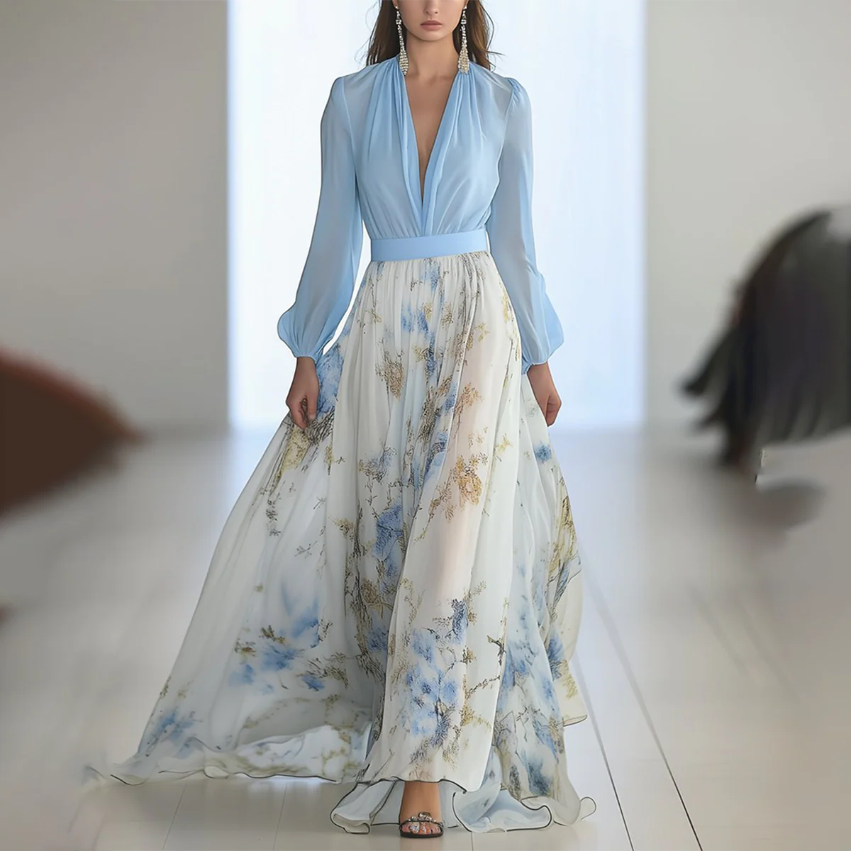 Floral Maxi Dress with Long Sleeves, V-Neck A-Line Silhouette for Women, Elegant and Comfortable Casual Dress