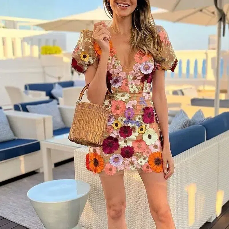 Floral Mini Dress for Women with Deep V-Neckline and Puff Sleeves, Perfect Summer Wedding Guest Dress in Multi-Color - Image 3