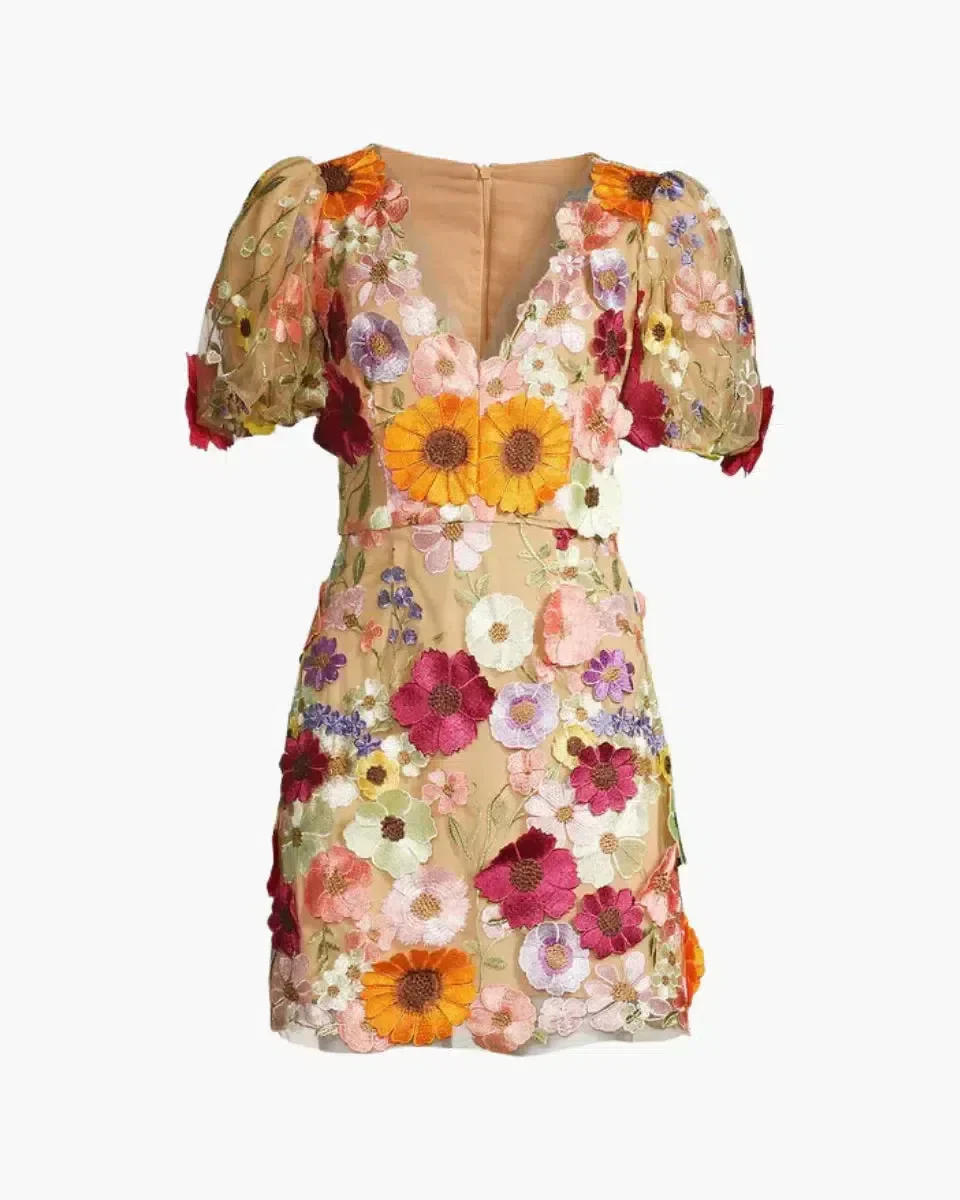 Floral Mini Dress for Women with Deep V-Neckline and Puff Sleeves, Perfect Summer Wedding Guest Dress in Multi-Color - Image 6
