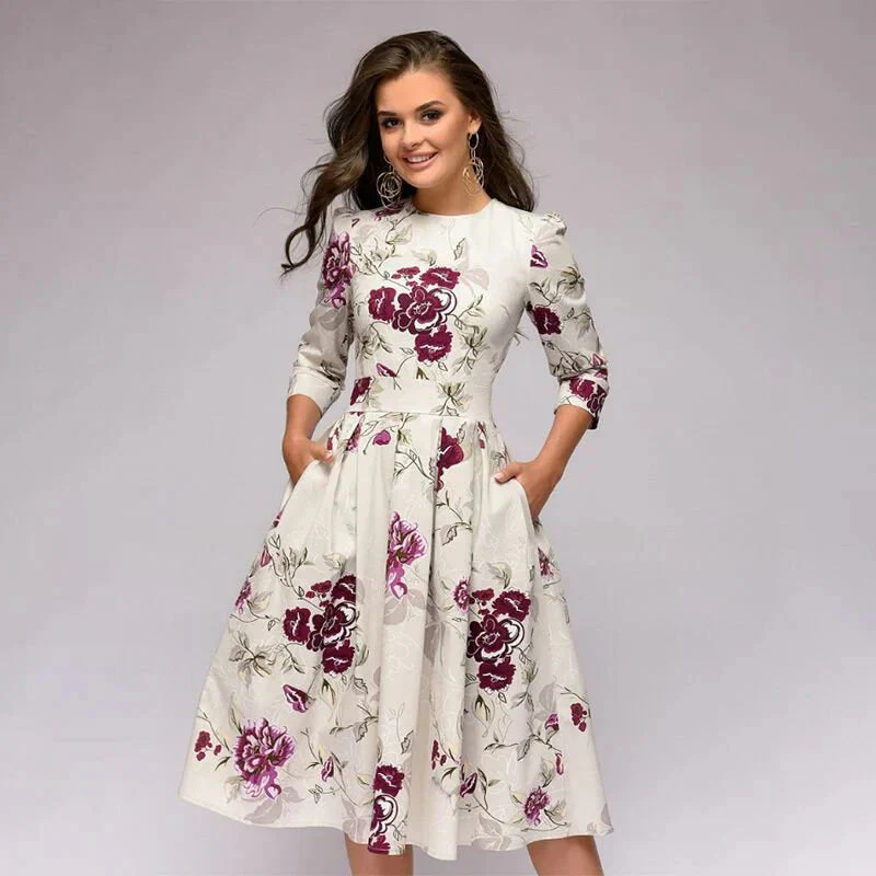 Floral Print Midi Dress with Wide Skirt for Women's Summer and Formal Fashion