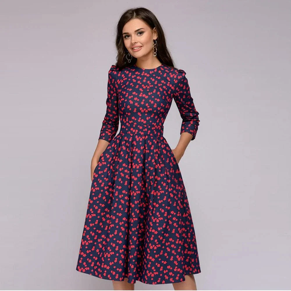 Floral Print Midi Dress with Wide Skirt for Women's Summer and Formal Fashion - Image 10