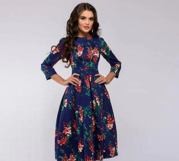 Floral Print Midi Dress with Wide Skirt for Women's Summer and Formal Fashion - Image 13