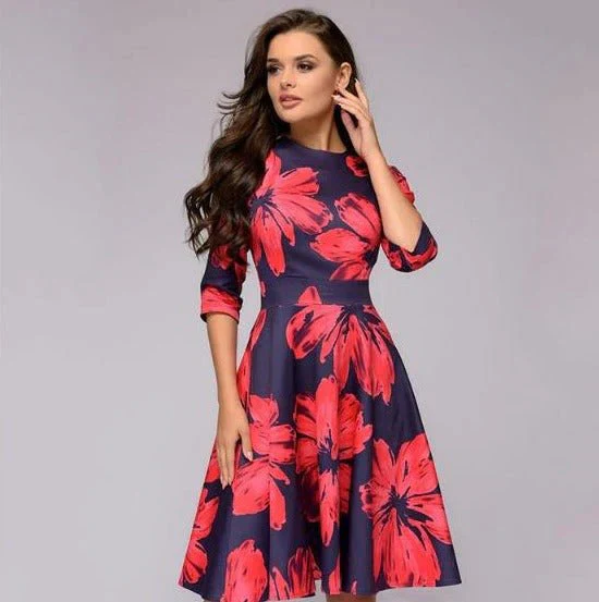 Floral Print Midi Dress with Wide Skirt for Women's Summer and Formal Fashion - Image 3