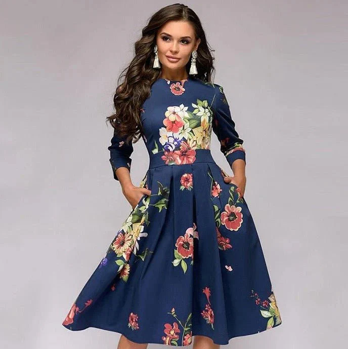 Floral Print Midi Dress with Wide Skirt for Women's Summer and Formal Fashion - Image 5