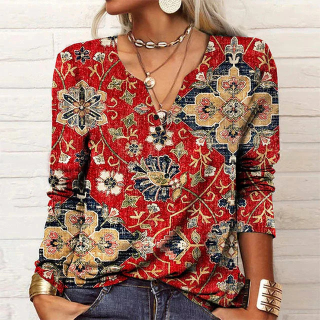 Floral Print Women's Blouse in Cotton-Polyester Blend with V-Neckline for Spring and Autumn Wear - Image 2