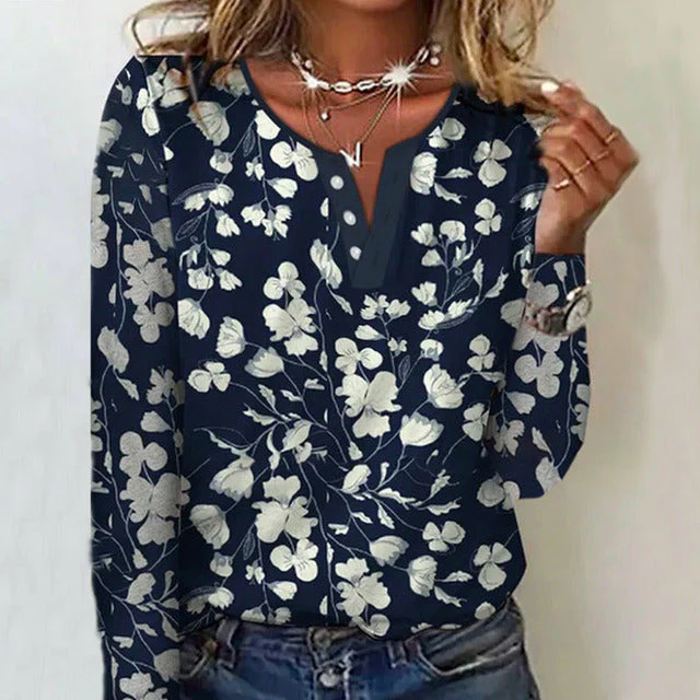 Floral Print Womens Blouse with Round Neck and Button Detail, Casual Full-Length Top for Spring and Autumn - Image 3