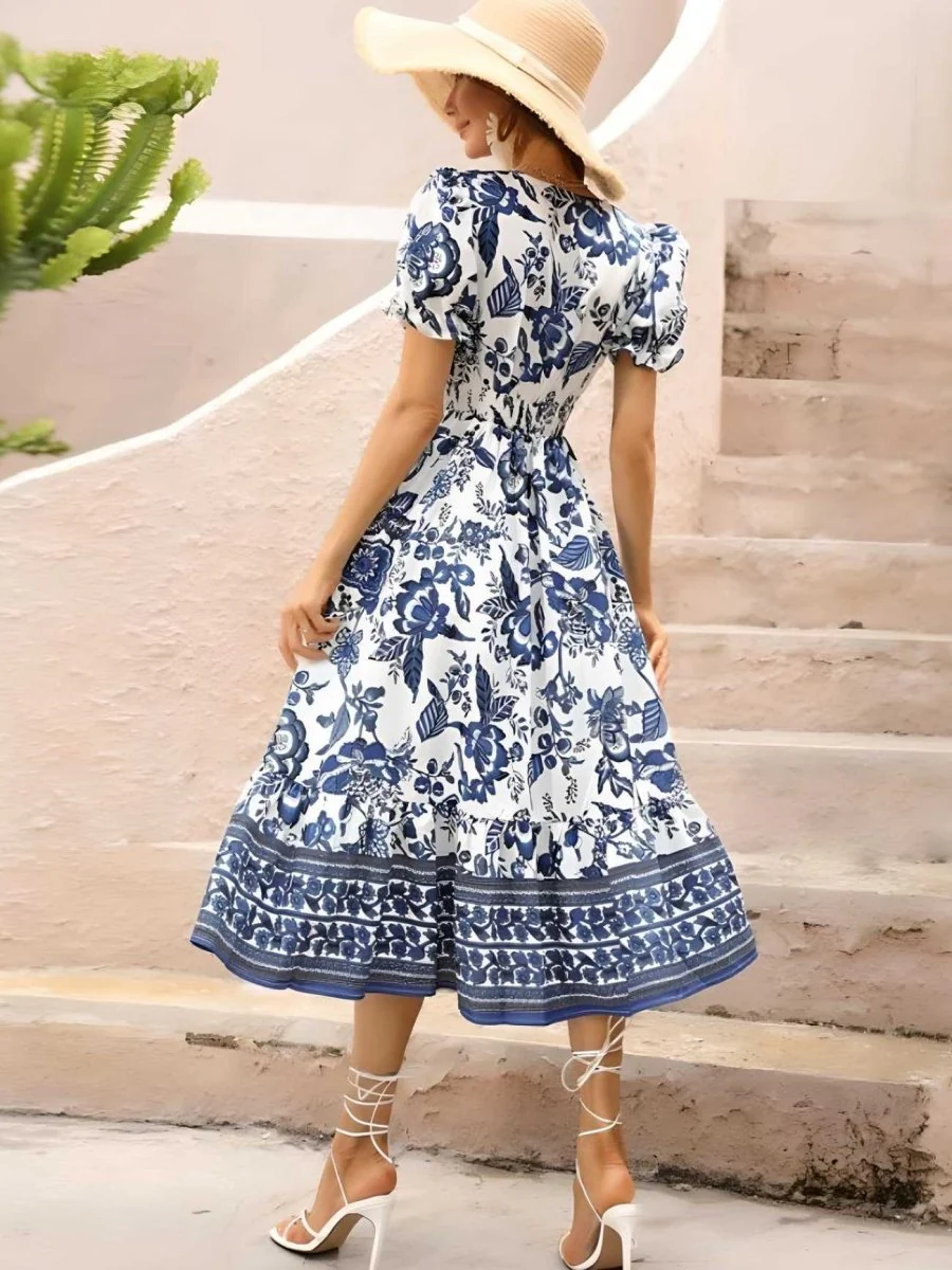 Floral Print Women's Dress with Unique Puffy Sleeves and Bunk Collar for Wedding Guest or Formal Occasions - Image 3