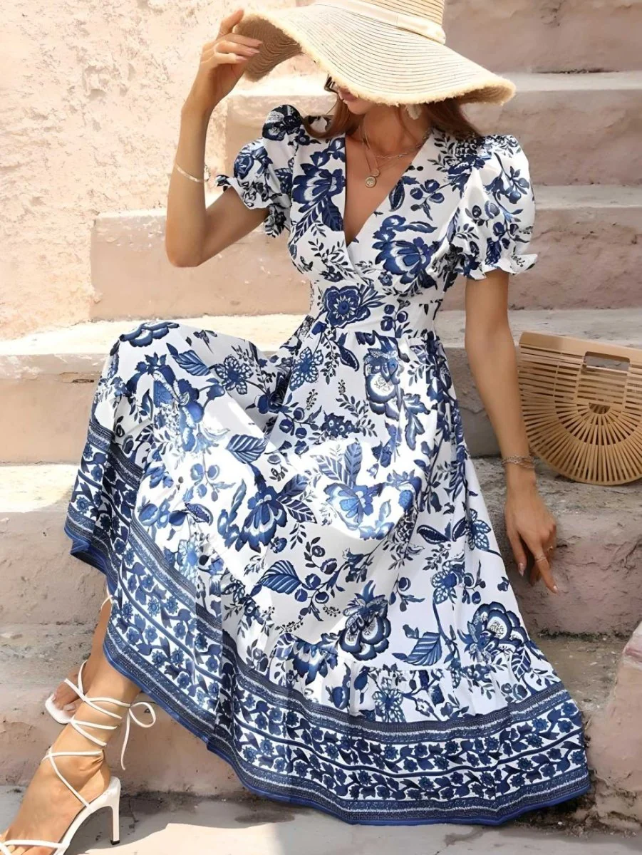 Floral Print Women's Dress with Unique Puffy Sleeves and Bunk Collar for Wedding Guest or Formal Occasions - Image 4