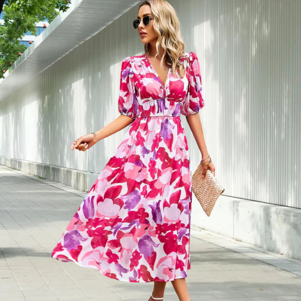 Floral Summer Dress for Women with Puffed Sleeves and V-Neck - Perfect Wedding Guest Dress - Image 12