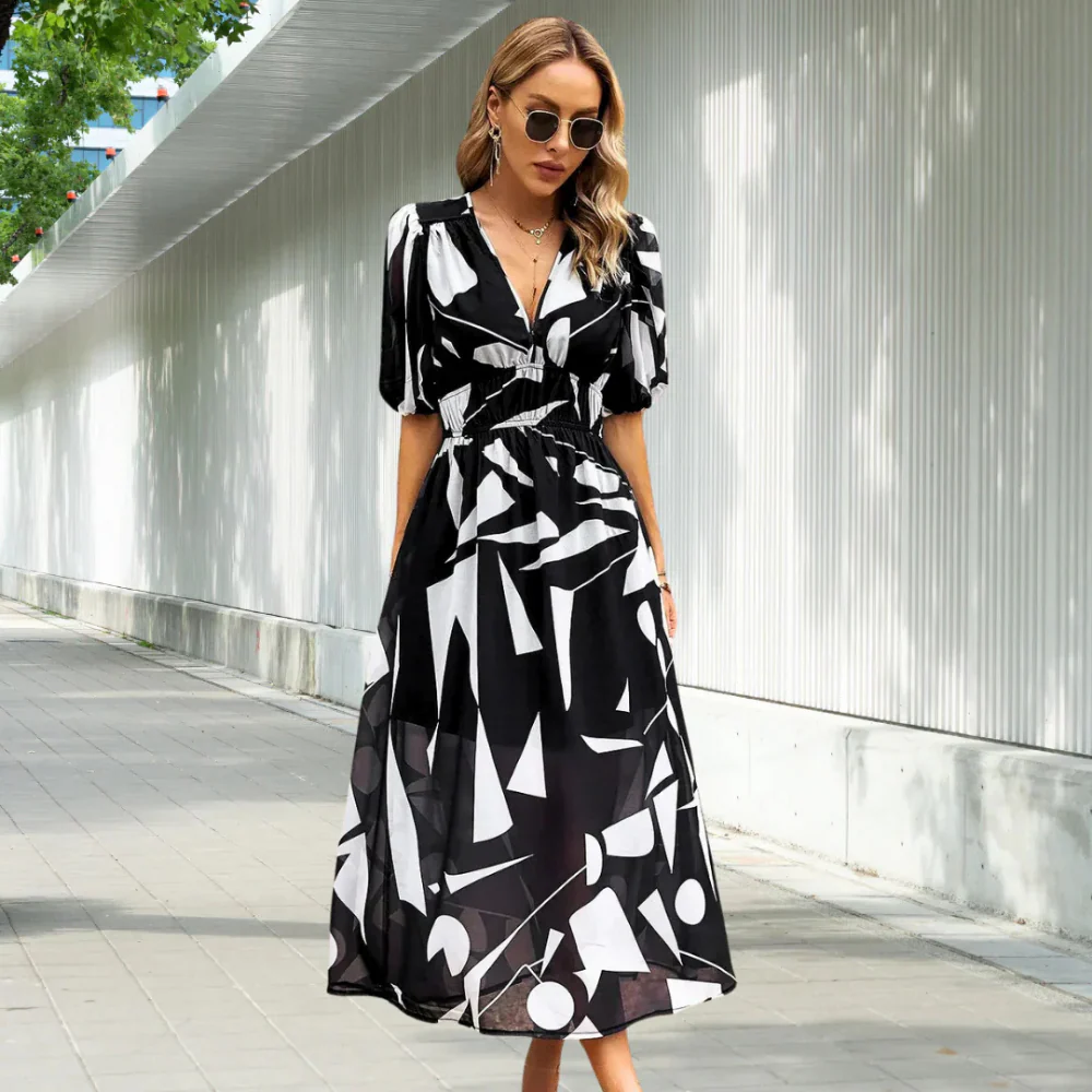 Floral Summer Dress for Women with Puffed Sleeves and V-Neck - Perfect Wedding Guest Dress - Image 2