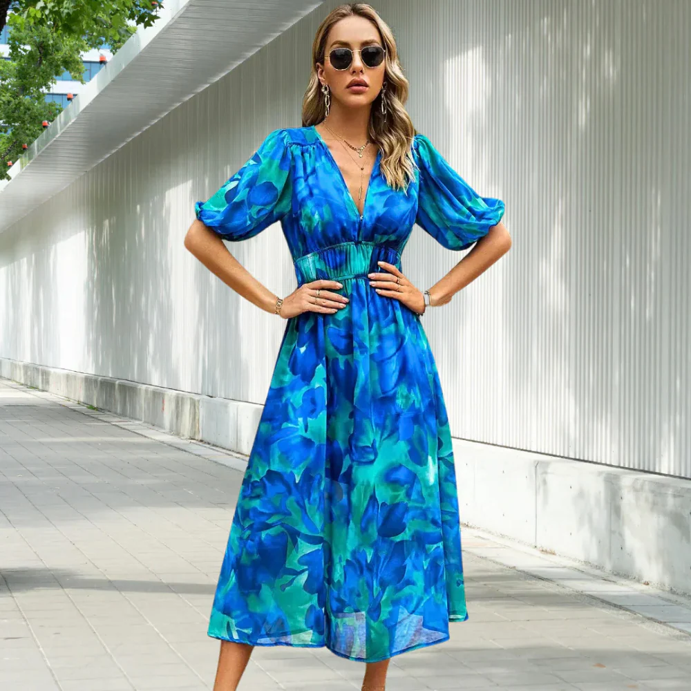 Floral Summer Dress for Women with Puffed Sleeves and V-Neck - Perfect Wedding Guest Dress - Image 6