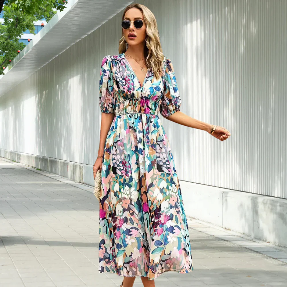 Floral Summer Dress for Women with Puffed Sleeves and V-Neck - Perfect Wedding Guest Dress - Image 7