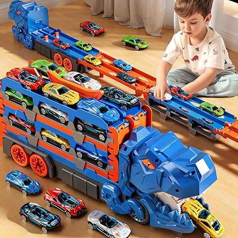 Folding Dinosaur Transporter Car Set - 2 Die-Cast Cars for Competitive Play & Easy Storage - Image 2