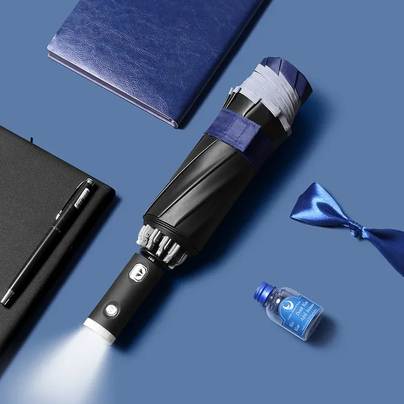 Fully Automatic Folding Waterproof Umbrella with LED Flashlight and UV Sunshade for Rain and Wind Resistance