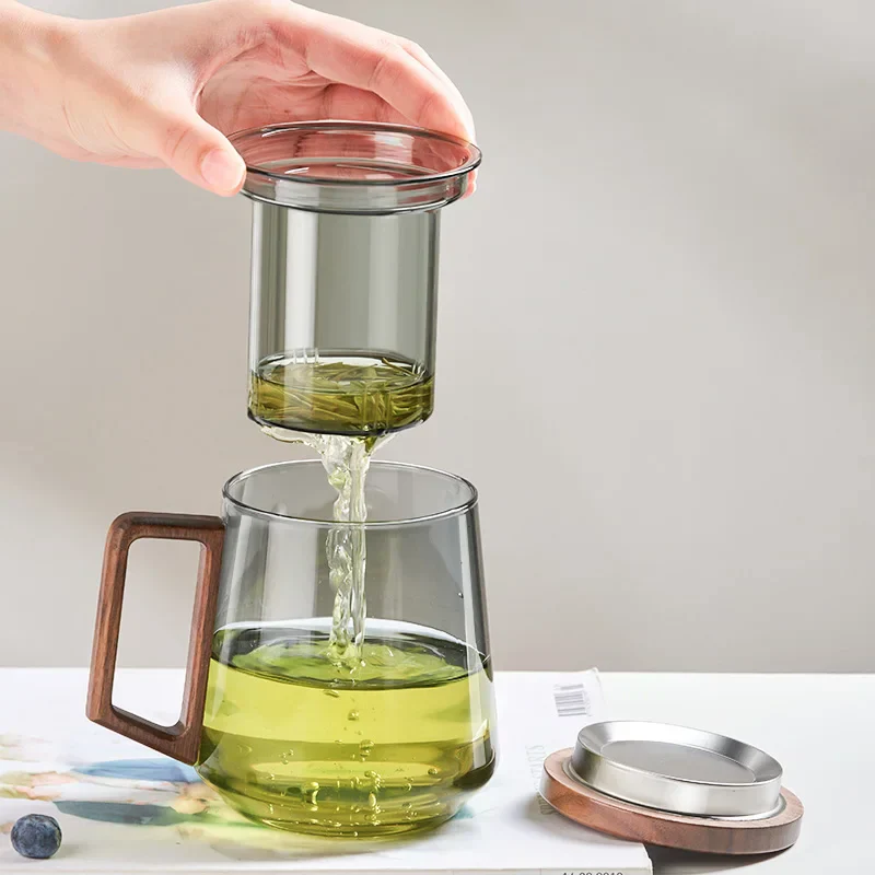 Glass Tea Cup With Wood Handle Heat Resistant Puer Filter Mug Kung Fu Tea Set Fall 2025 Easy Brewing - Image 4