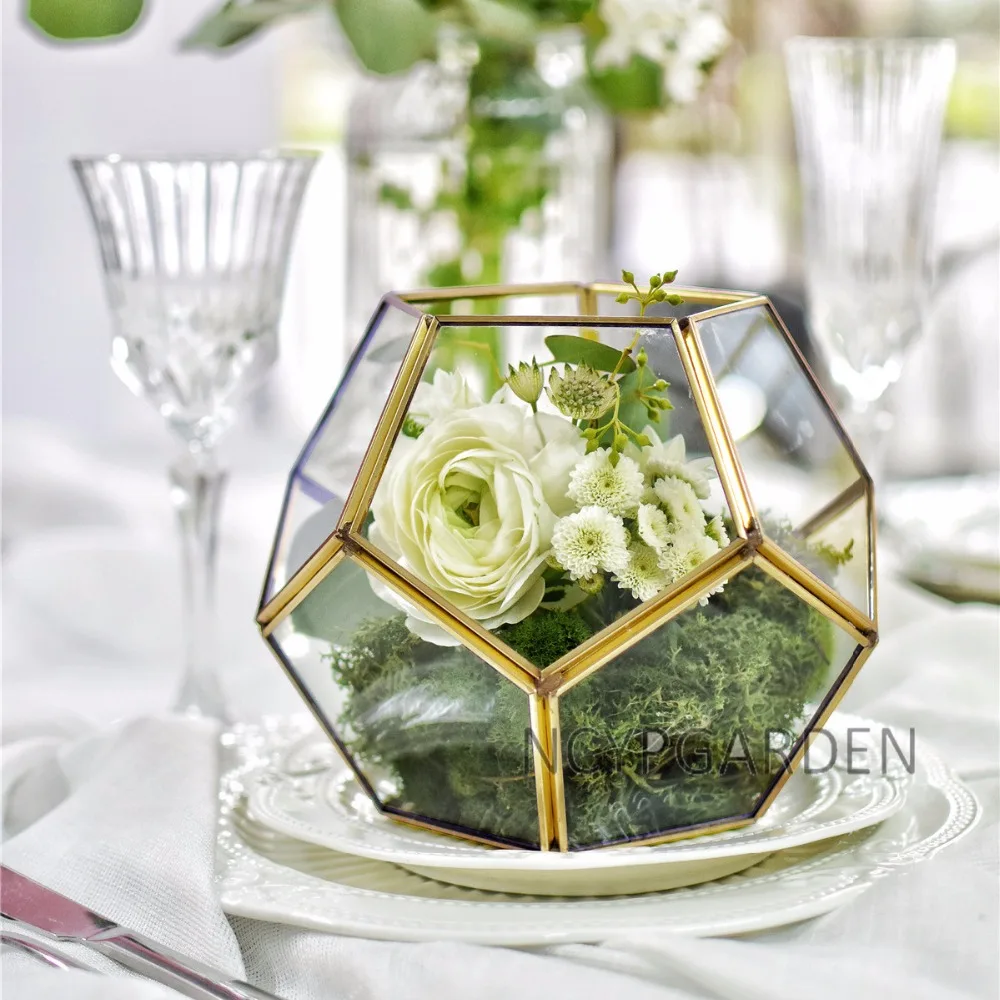 Glass Terrarium Gold Geometric Planter Modern Desktop Plant Display Fall 2025, Succulent Bonsai Gift - Image 2