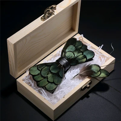 Green Birds Feather Bow Tie Set - Handmade Wood Gift Box for Men, Wedding Party - Image 8