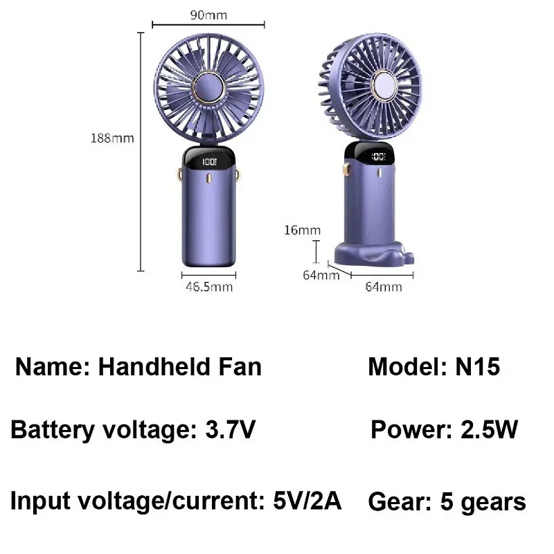 Handheld Mini Fan 3000mAh Portable USB Rechargeable Desk Fan 5 Speed Neck Hanging Outdoor Display Screen - Image 7
