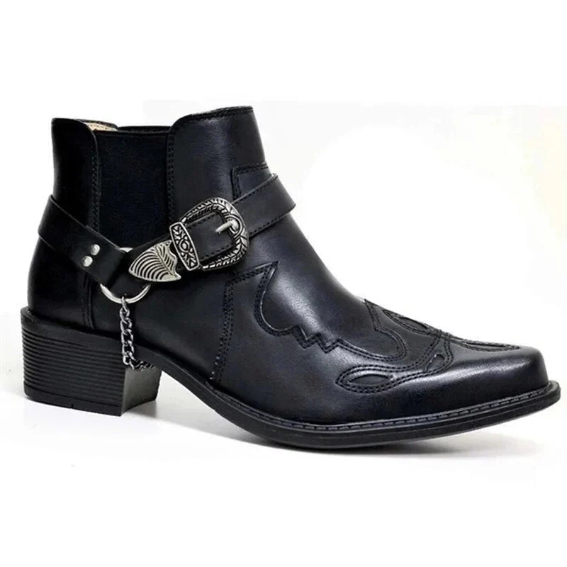 Handmade Leather Cowboy Boots for Men with Chain Buckle, Durable Motorcycle Style, Comfortable Fit