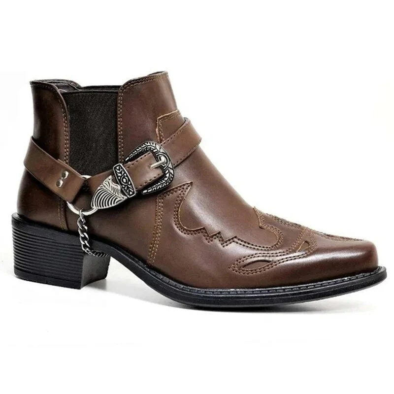 Handmade Leather Cowboy Boots for Men with Chain Buckle, Durable Motorcycle Style, Comfortable Fit - Image 6