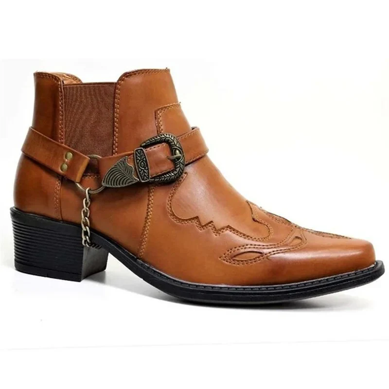 Handmade Leather Cowboy Boots for Men with Chain Buckle, Durable Motorcycle Style, Comfortable Fit - Image 7