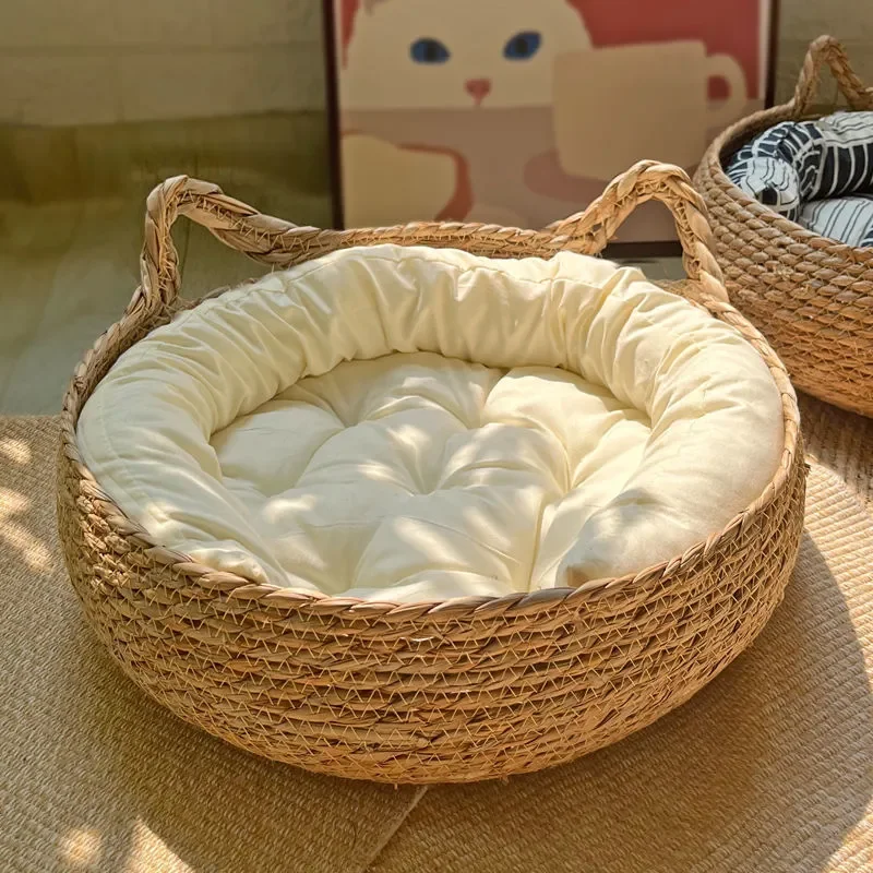 Handmade Vine Woven Cat Nest - Detachable Washable Winter Warmth Pad for Pet Supplies