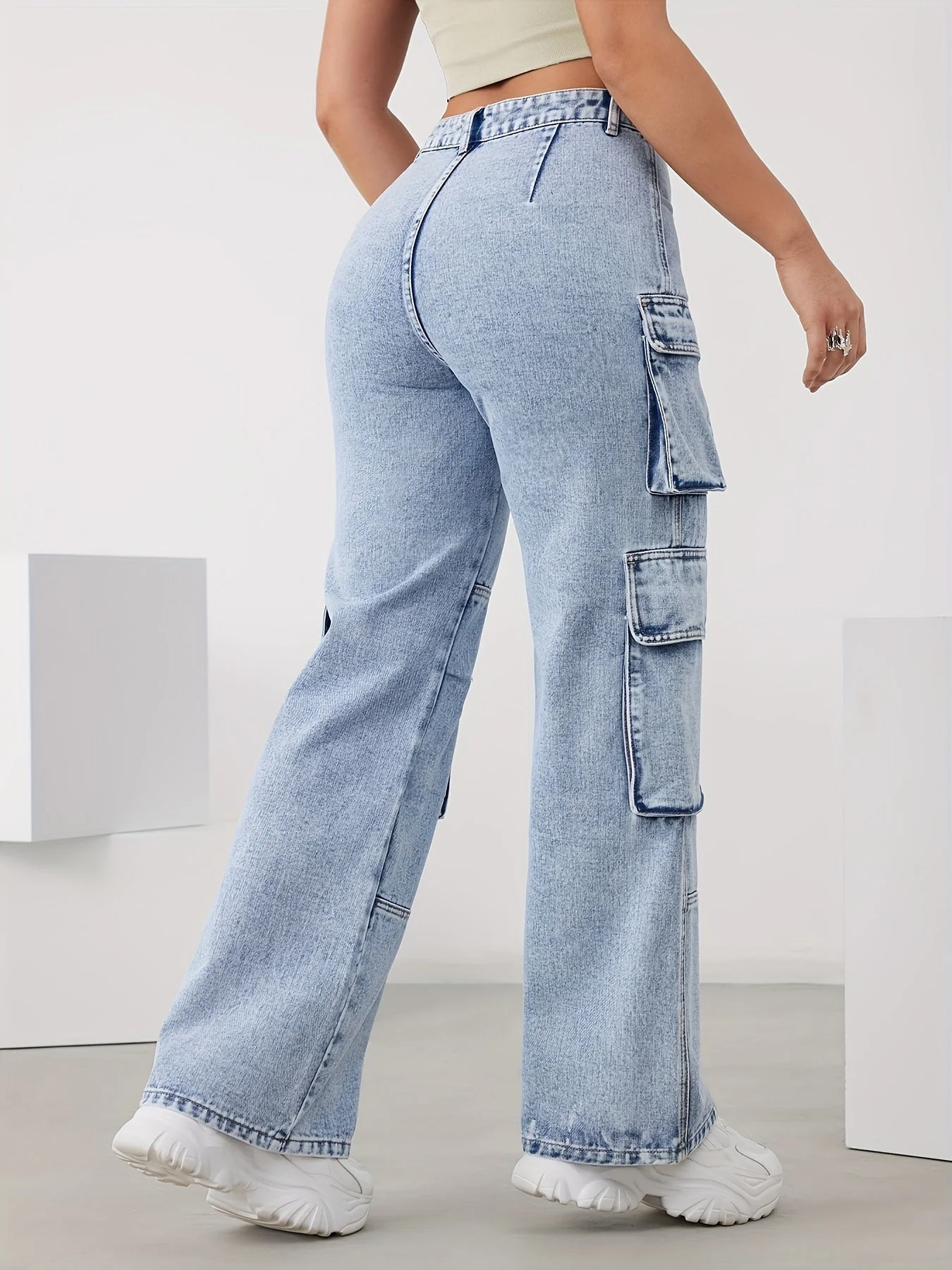 High-Waist Cargo Trousers for Women in Medium Blue, Stretch Fabric, Straight-Leg Fit, Stylish Snowflake Design - Image 4