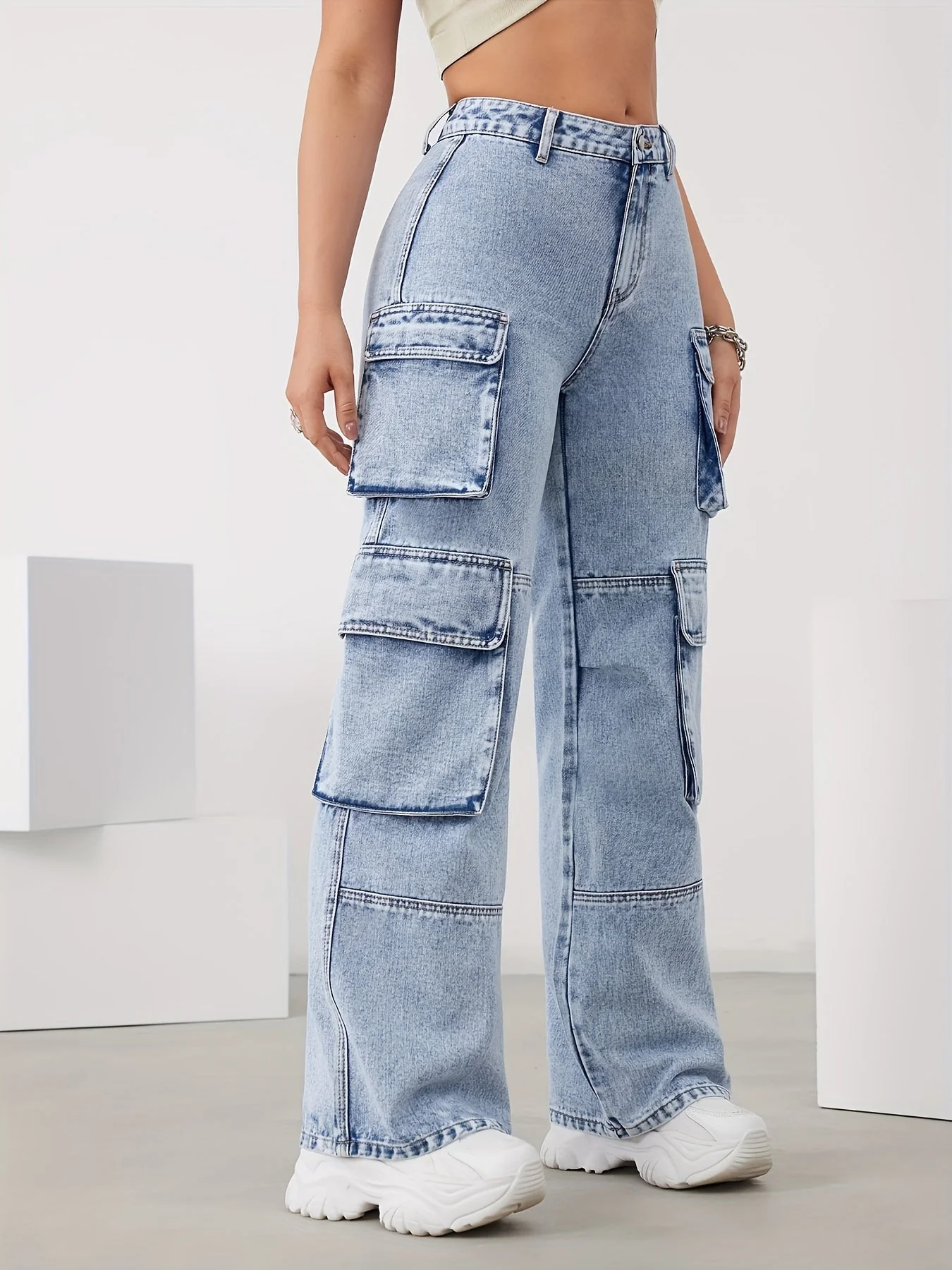 High-Waist Cargo Trousers for Women in Medium Blue, Stretch Fabric, Straight-Leg Fit, Stylish Snowflake Design - Image 5