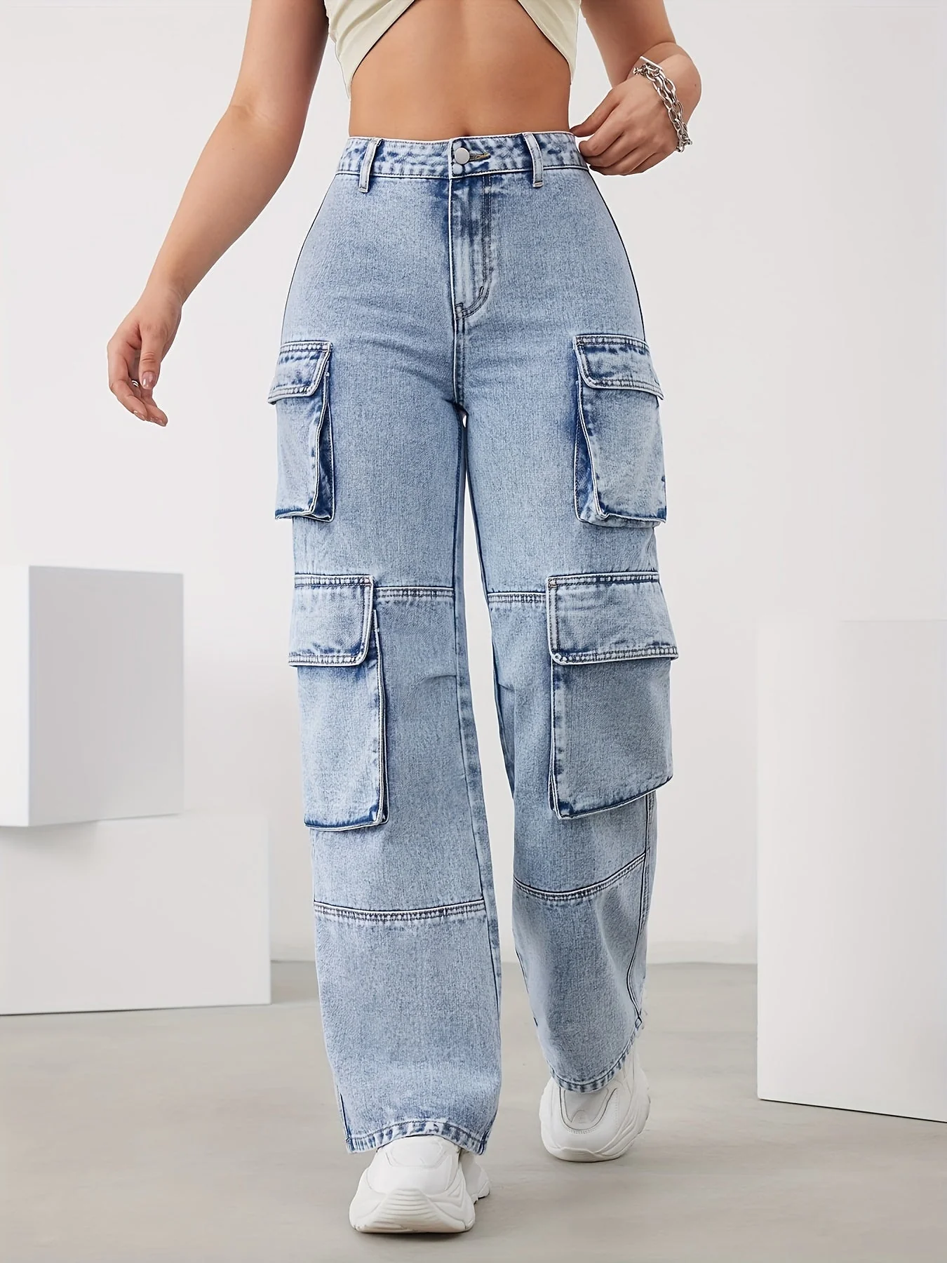 High-Waist Cargo Trousers for Women in Medium Blue, Stretch Fabric, Straight-Leg Fit, Stylish Snowflake Design - Image 6