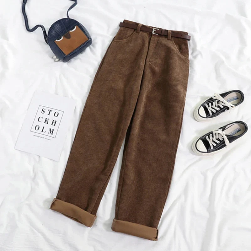 High Waist Corduroy Pants for Women, Wide Leg Cotton Trousers in Black and Coffee, Comfortable Casual Style - Image 2