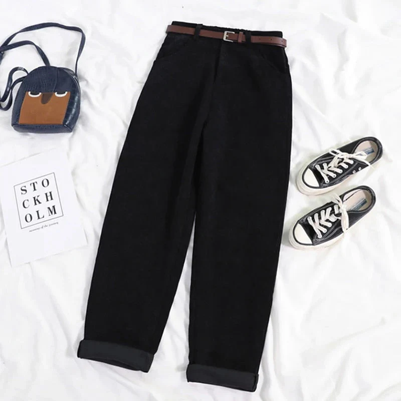 High Waist Corduroy Pants for Women, Wide Leg Cotton Trousers in Black and Coffee, Comfortable Casual Style - Image 6