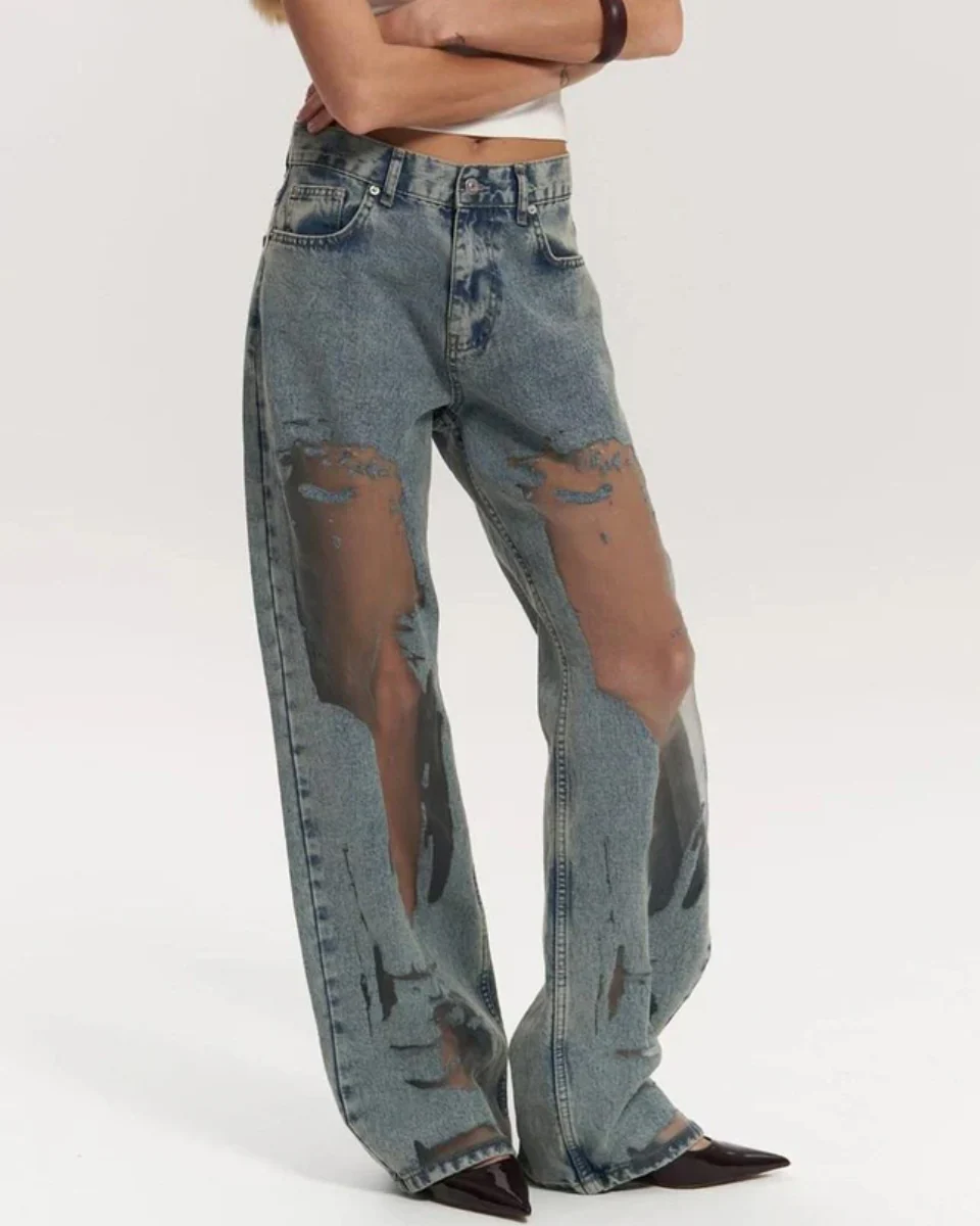 High-Waisted Wide Leg Jeans for Women with Unique Mesh Patchwork Design, Vintage Wash Denim - Image 2