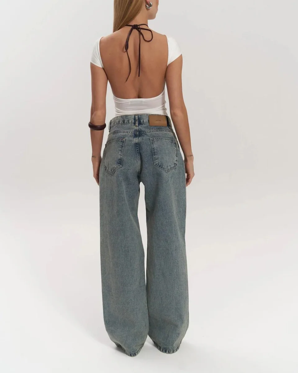 High-Waisted Wide Leg Jeans for Women with Unique Mesh Patchwork Design, Vintage Wash Denim - Image 3