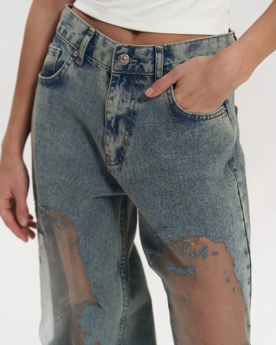 High-Waisted Wide Leg Jeans for Women with Unique Mesh Patchwork Design, Vintage Wash Denim - Image 4
