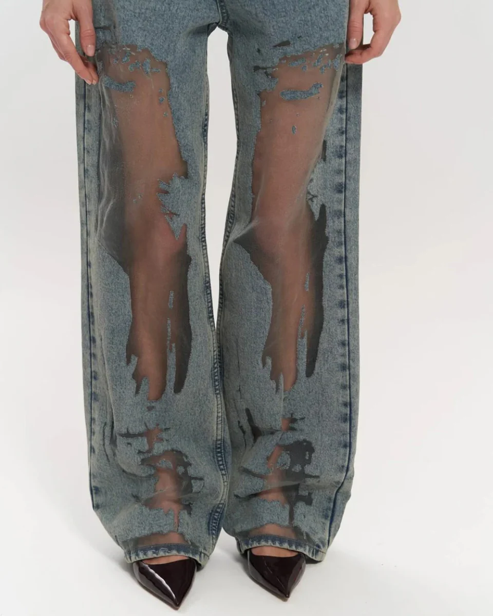 High-Waisted Wide Leg Jeans for Women with Unique Mesh Patchwork Design, Vintage Wash Denim - Image 5