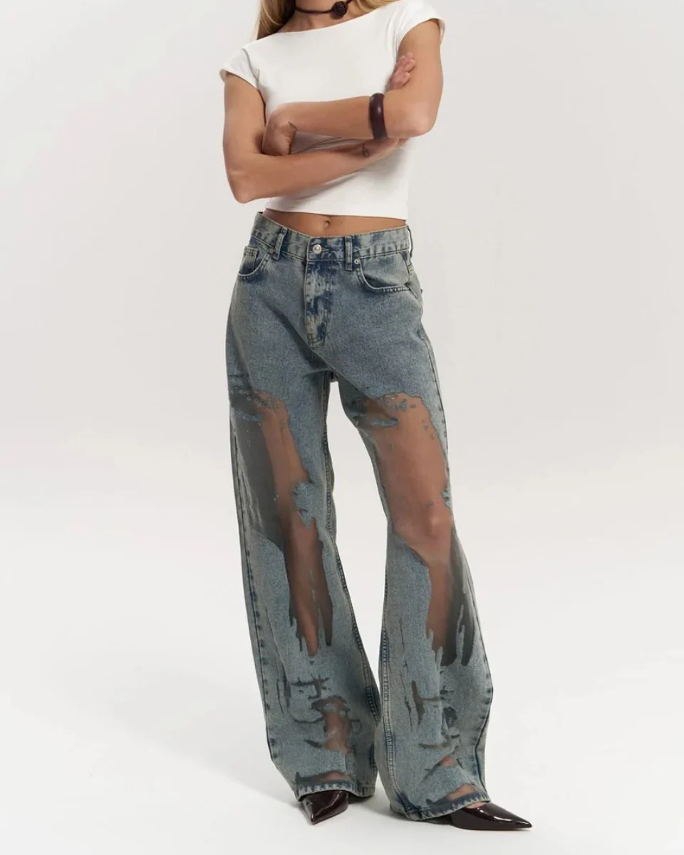 High-Waisted Wide Leg Jeans for Women with Unique Mesh Patchwork Design, Vintage Wash Denim - Image 6