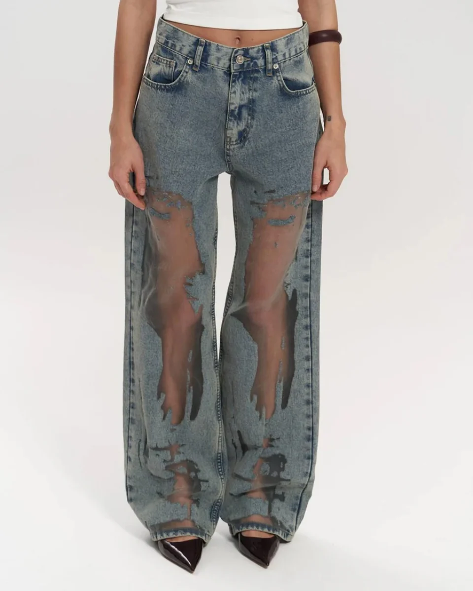High-Waisted Wide Leg Jeans for Women with Unique Mesh Patchwork Design, Vintage Wash Denim - Image 7