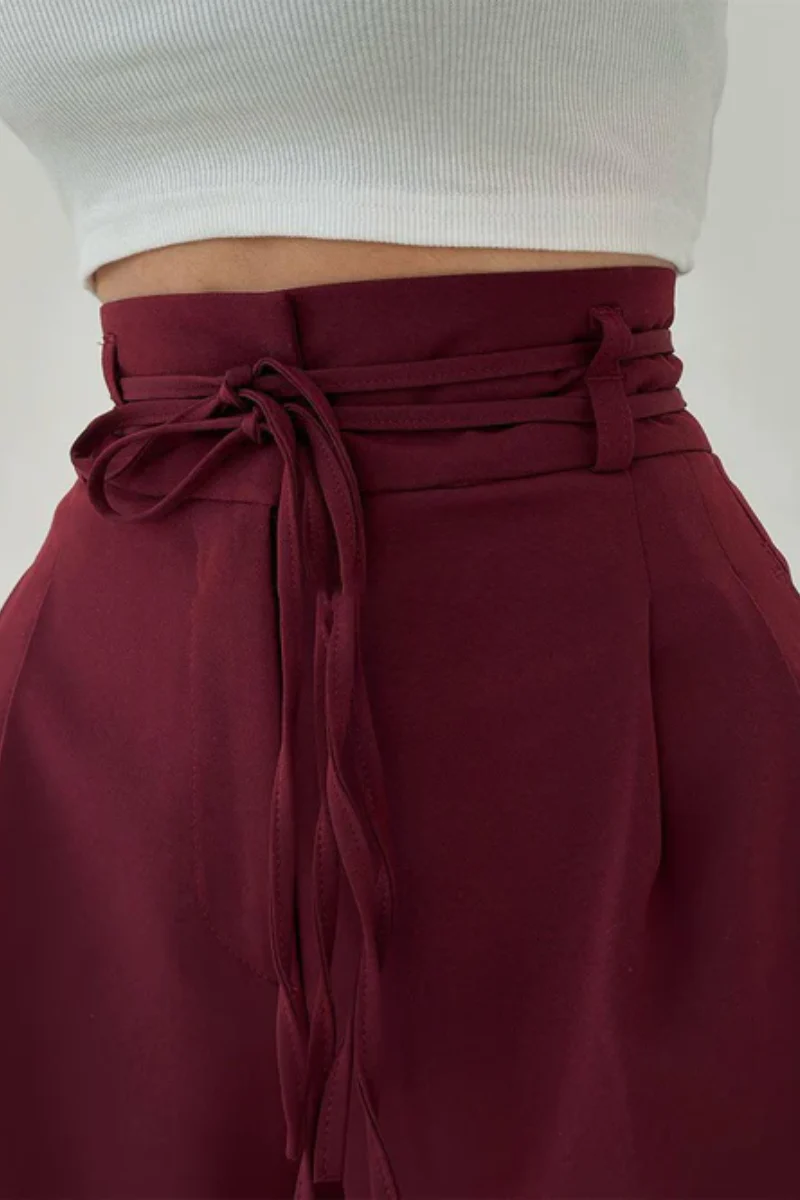 High-Waisted Wide Leg Trousers with Adjustable Belt in Beige, Soft Flowy Fabric, Loose Fit Palazzo Pants - Image 10