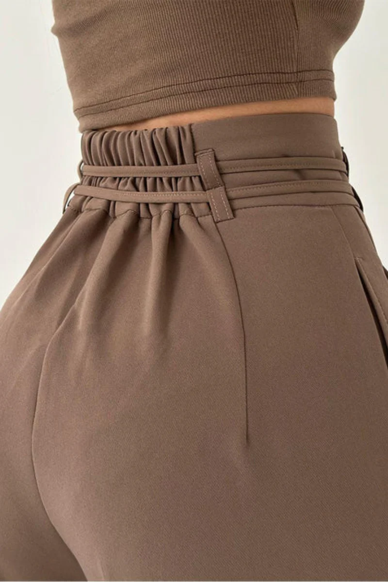 High-Waisted Wide Leg Trousers with Adjustable Belt in Beige, Soft Flowy Fabric, Loose Fit Palazzo Pants - Image 2