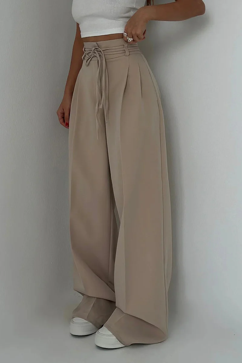 High-Waisted Wide Leg Trousers with Adjustable Belt in Beige, Soft Flowy Fabric, Loose Fit Palazzo Pants - Image 3