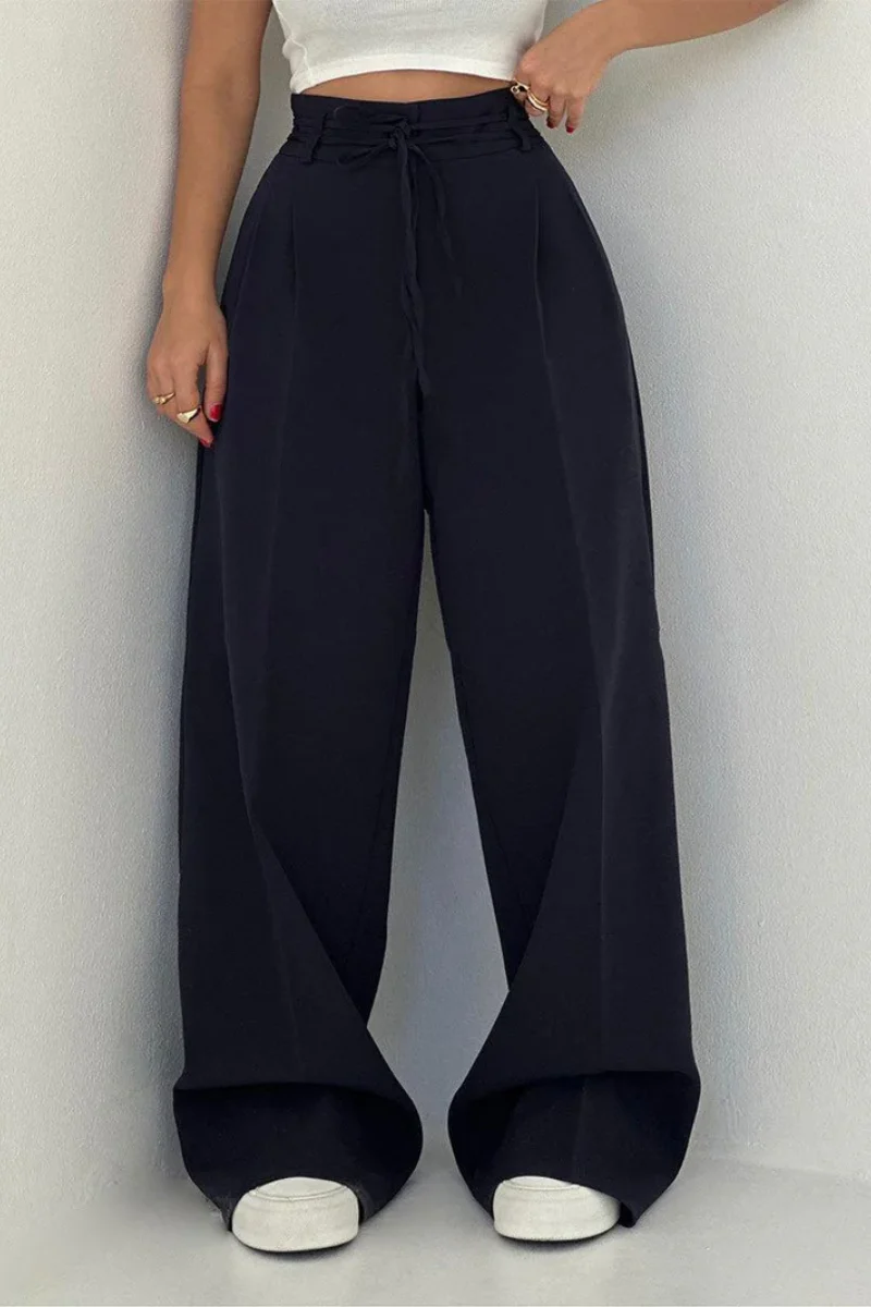 High-Waisted Wide Leg Trousers with Adjustable Belt in Beige, Soft Flowy Fabric, Loose Fit Palazzo Pants - Image 5