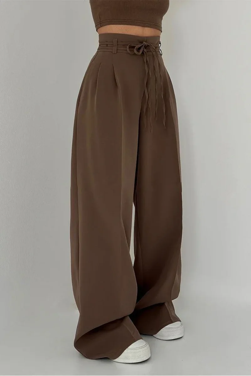 High-Waisted Wide Leg Trousers with Adjustable Belt in Beige, Soft Flowy Fabric, Loose Fit Palazzo Pants - Image 7