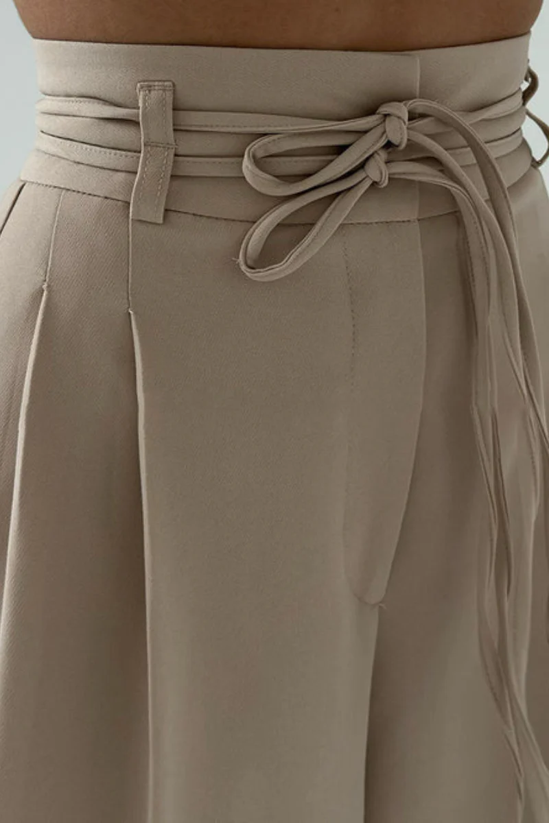 High-Waisted Wide Leg Trousers with Adjustable Belt in Beige, Soft Flowy Fabric, Loose Fit Palazzo Pants - Image 8