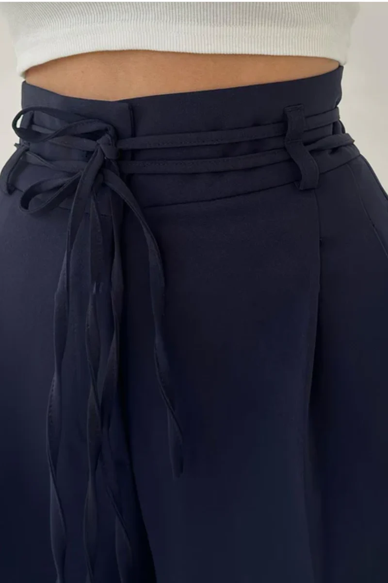 High-Waisted Wide Leg Trousers with Adjustable Belt in Beige, Soft Flowy Fabric, Loose Fit Palazzo Pants - Image 9
