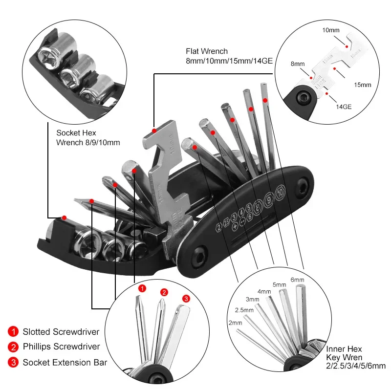 Home Tools Bicycle Repair Multi Tool Kit with Screwdriver, Tire Levers & Wrenches - Image 3
