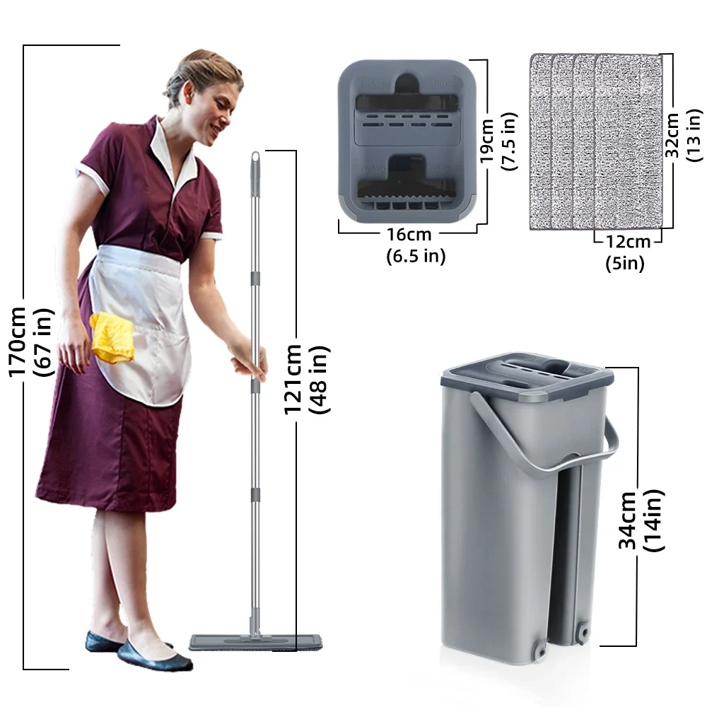 Household Cleaning Hand-Free Flat Floor Mop & Bucket Set with Washable Microfiber 4x Pads - Image 3