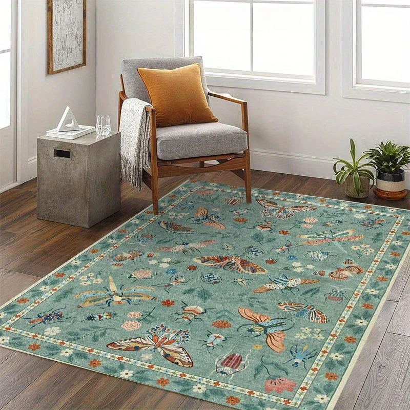 Insect Print Area Rug Teal Washable Non Slip Living Room - Image 5